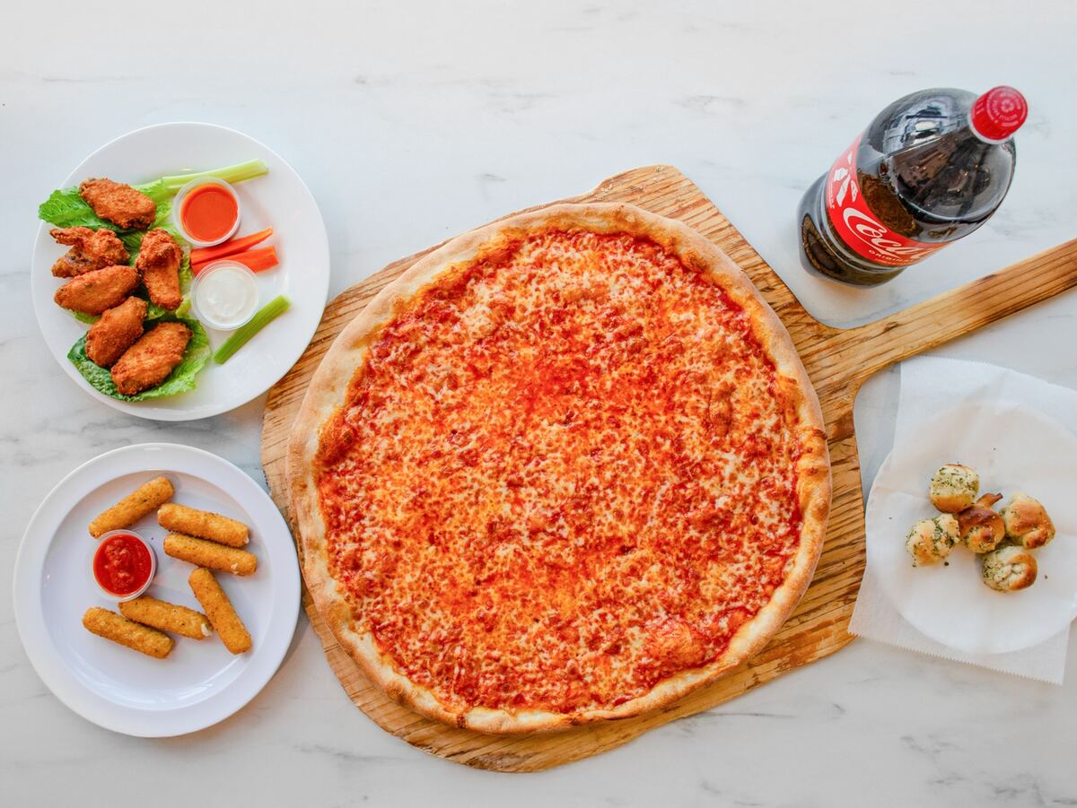 Special with large pizza, wings, mozzarella sticks, garlic knots and soda