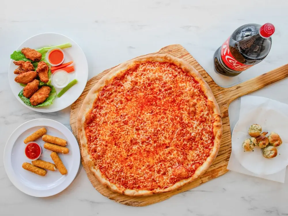 Pizza, wings and mozzarella sticks family spread